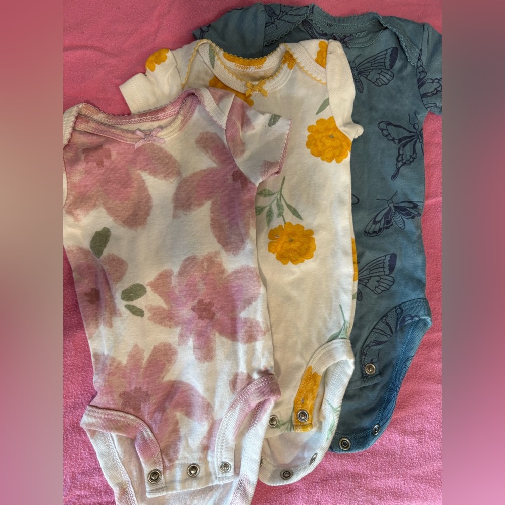 Set of Three Floral and Butterfly Baby Onesies